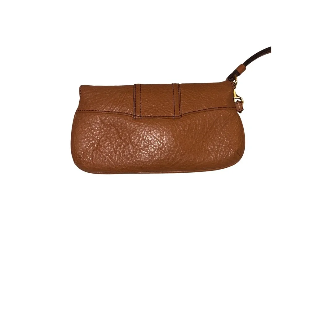 Talbots Pebbled Leather Turnlock Wristlet‎ Tan Brown Gold Hardware Clutch Bag